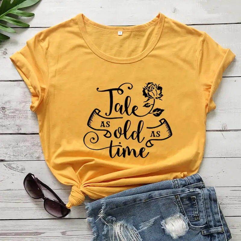 Tale as old as time/Новое поступление, женская летняя забавная Повседневная футболка из хлопка, семейная рубашка для женщин - Цвет: yellow-black text