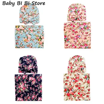 

2 Pcs/set Newborn Printing Wrapping Blanket Hat Baby Kids Bow-knot Cap Swaddle Wrap Set Infants Gifts