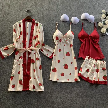 

New simulation silk suspender Nightgown sexy four piece Pajama long sleeve sweet home clothes set
