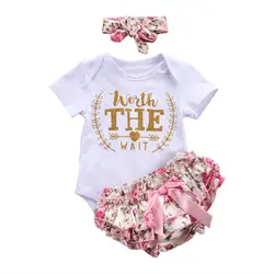 Ensemble 3 pièces pour nouveau né fille, barboteuse à manches courtes, pantalon à fleurs, tenue bandeau, vêtements d'été pour bébés filles 