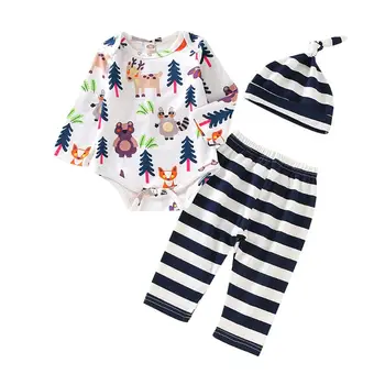 

3pcs Infant Baby Long Sleeve Cartoon Romper+Striped Pants+Hat Outfits Set 0-18M