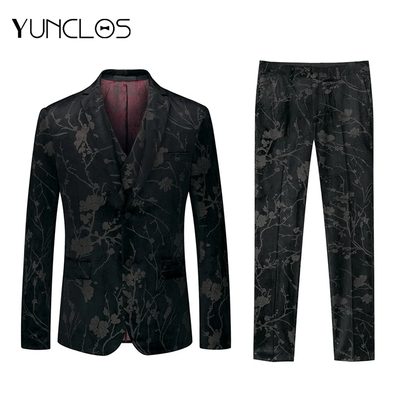 

YUNCLOS Chinese Style Plum Blossom 3 Pieces Suits Men Closure Collar Single-breasted Men Suits (Jacket+Vest+Pant) XS-2XL