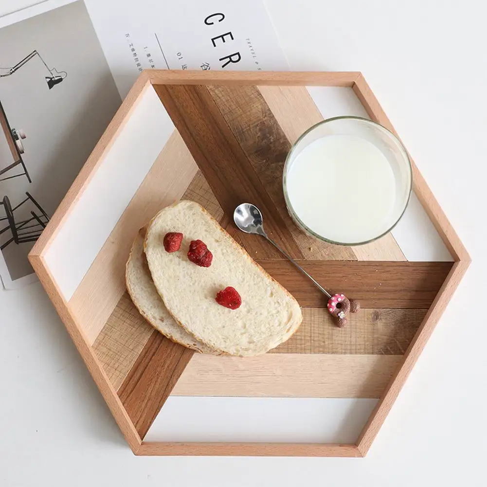 

Nordic Style Hexagonal Wooden Tray Serving Tray Simple Mosaic Wood Baking Shooting Props Wooden Plate