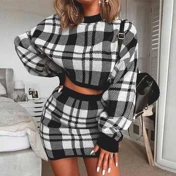 

Sexy 2020 Fashion Autumn Women Long Sleeve Sweatshirts Mini Skirt Matching Clothes Suits Plaid Knitted Crop Skirts Two Piece Set