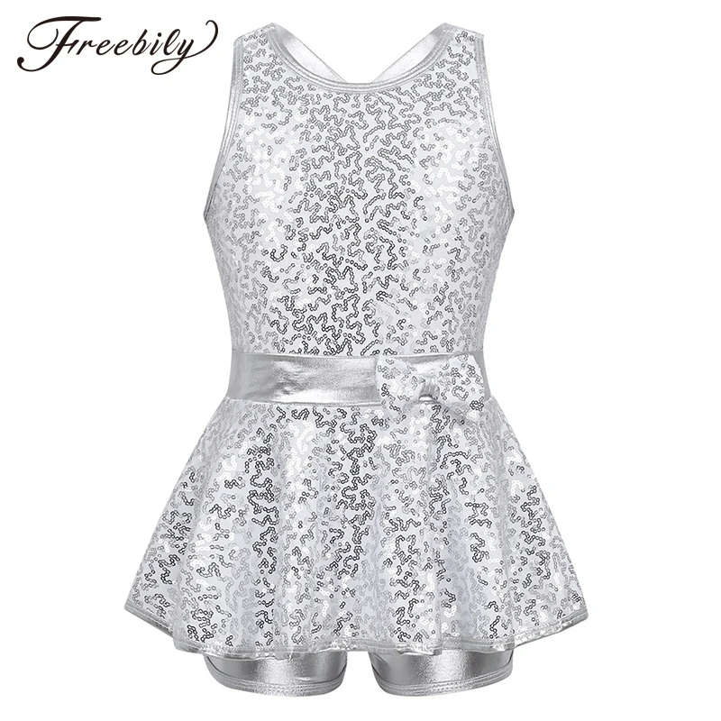 

Teen Girls Jazz Modern Tap Dress Dance Costume Kids Sequined Criss Cross Back Bowknot Professional Ballet Dance Leotard Dress