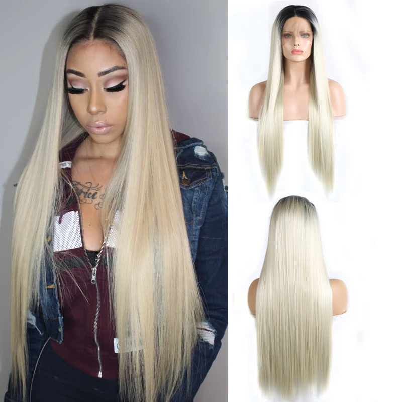 

Charisma Ombre Blonde Wig Middle Part Long Silky Straight Hair Synthetic Lace Front Wig with Black Roots Ombre Wigs for Women