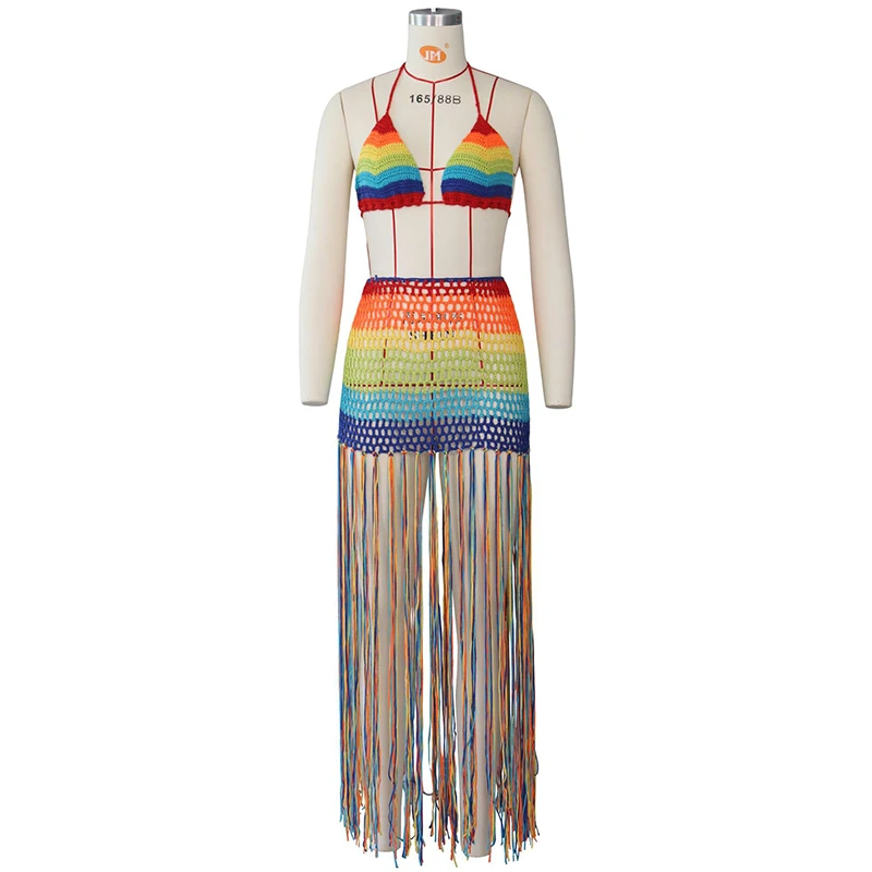 Summer Cover-Ups 2Pcs Beach Outfit Set Women Rainbow Crochet Lacing Halter Neck Backless Tops High-Waist Tassel Skirt for Female bathing suit wrap cover up Cover-Ups
