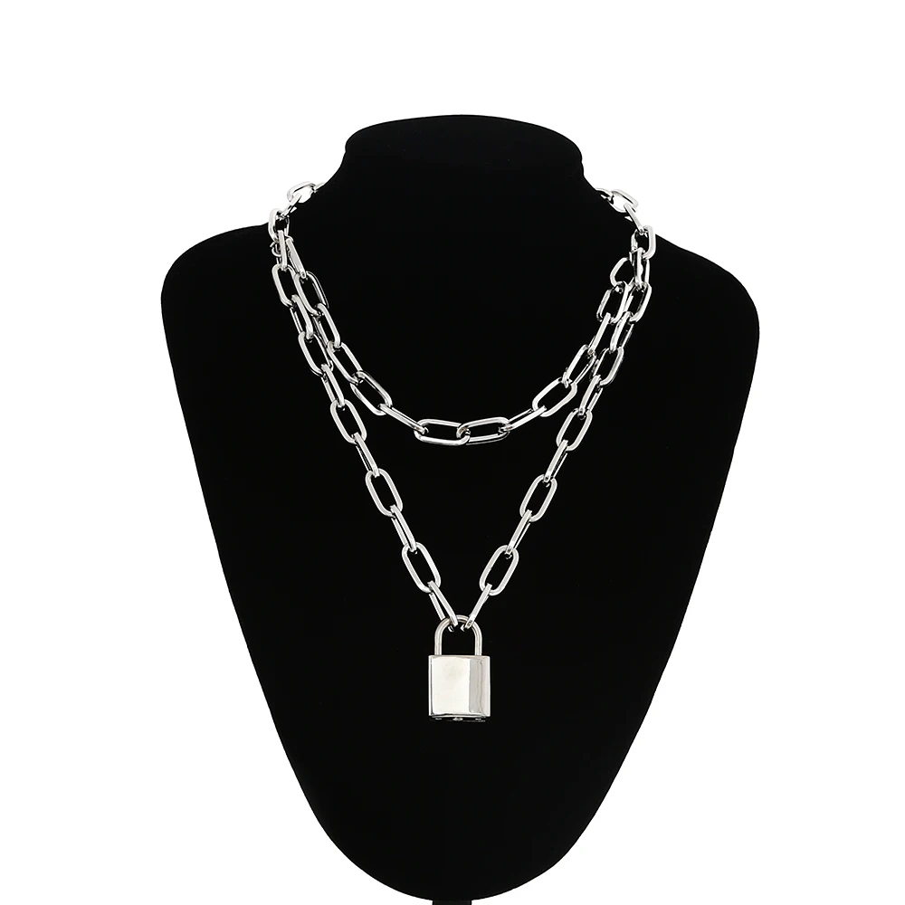 

Double layer Lock Chain necklace punk 90s link chain silver color padlock pendant necklace women fashion gothic jewelry
