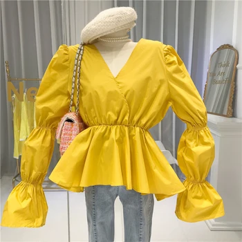 

Casual V-Neck Moda Mujer 2020 Ropa Flare Sleeve Blouses Women Long Sleeve Women's Things for The Summer yellow green