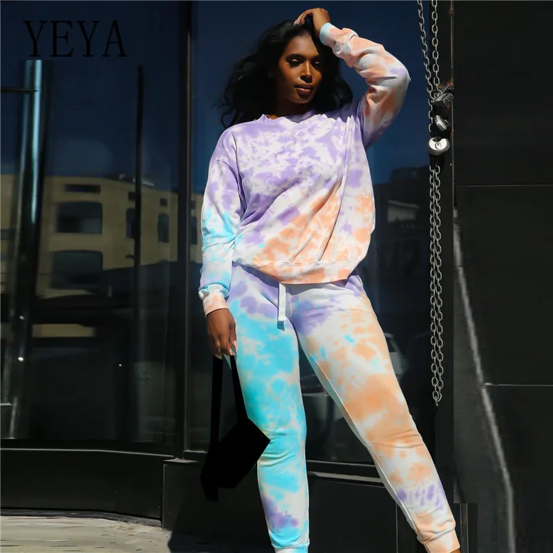 

YEYA Gradient Tie Dye Print Two Piece Outfits Women Active Wear Long Sleeve Sweatshirt Top Jogger Pants Casual Matching Set