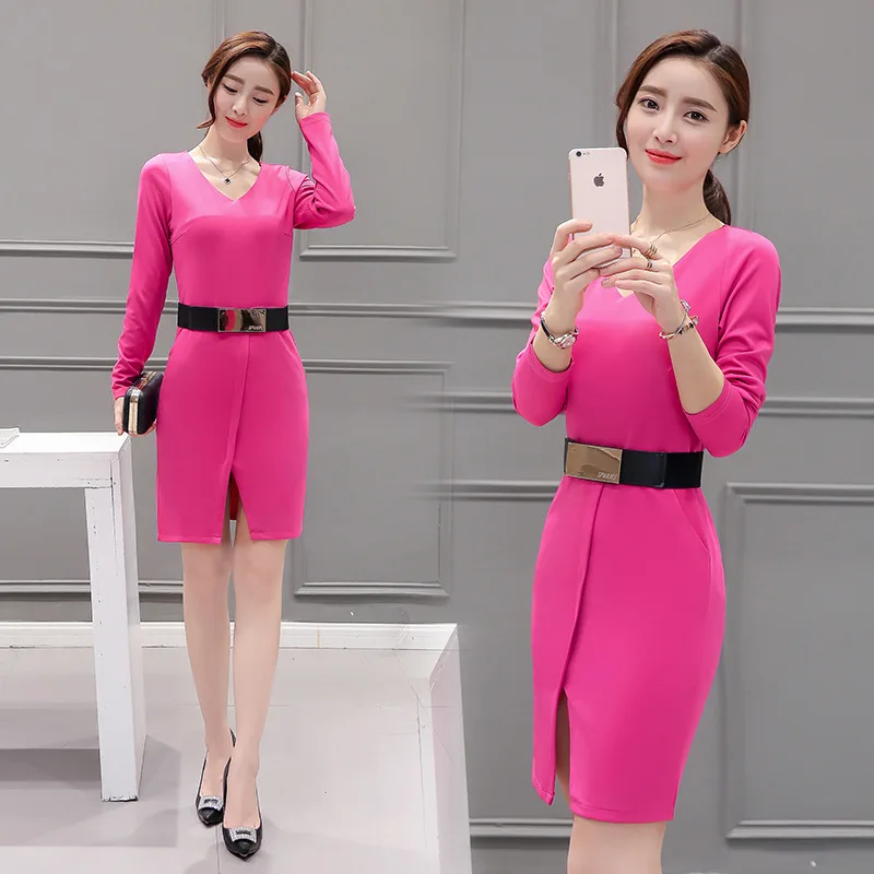 

2019 Autumn Clothing New Style Ol Commuting V-neck Slim Fit Long Sleeve Base Dress Women's