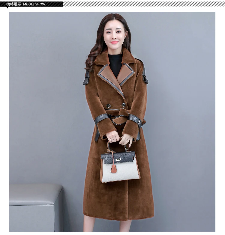 HANZANGL sheared пальто из овечьей шерсти зимнее женское двубортное пальто из овечьей шерсти узкий длинный плащ верхняя одежда цвета хаки/черный/верблюжий