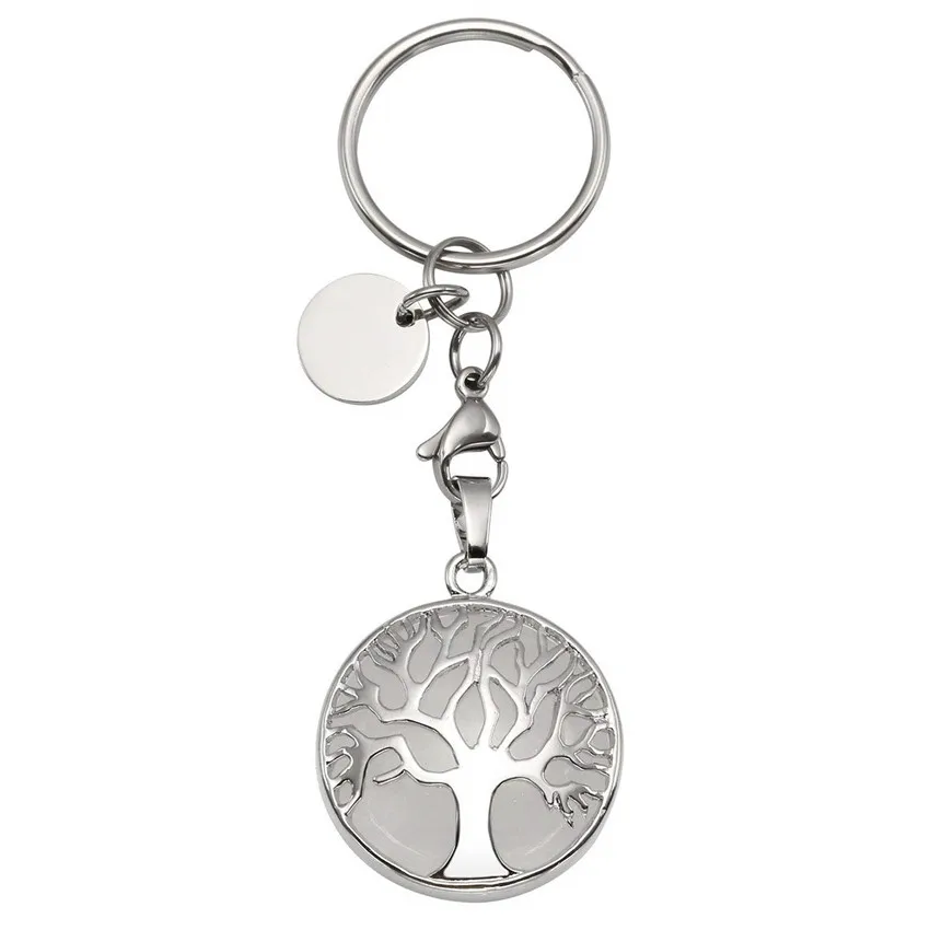 

FYJS Unique Anniversary Gift Natural Rock Crystal Silver Plated Tree of Life Circle Lobster Clasp Round Key Chain