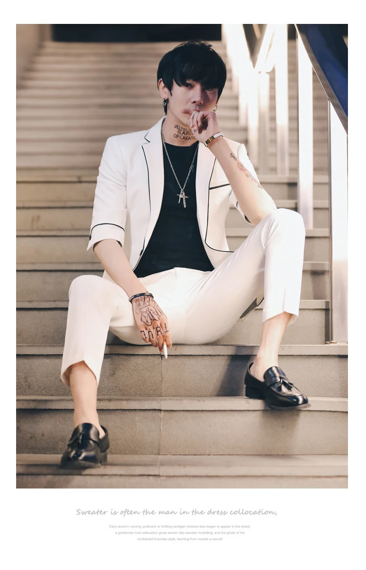 Мужские костюмы Slim Fit, комплект из 2 предметов, костюм Homme, белый, черный, свадебные смокинги для жениха, мужской деловой костюм с коротким рукавом, Terno
