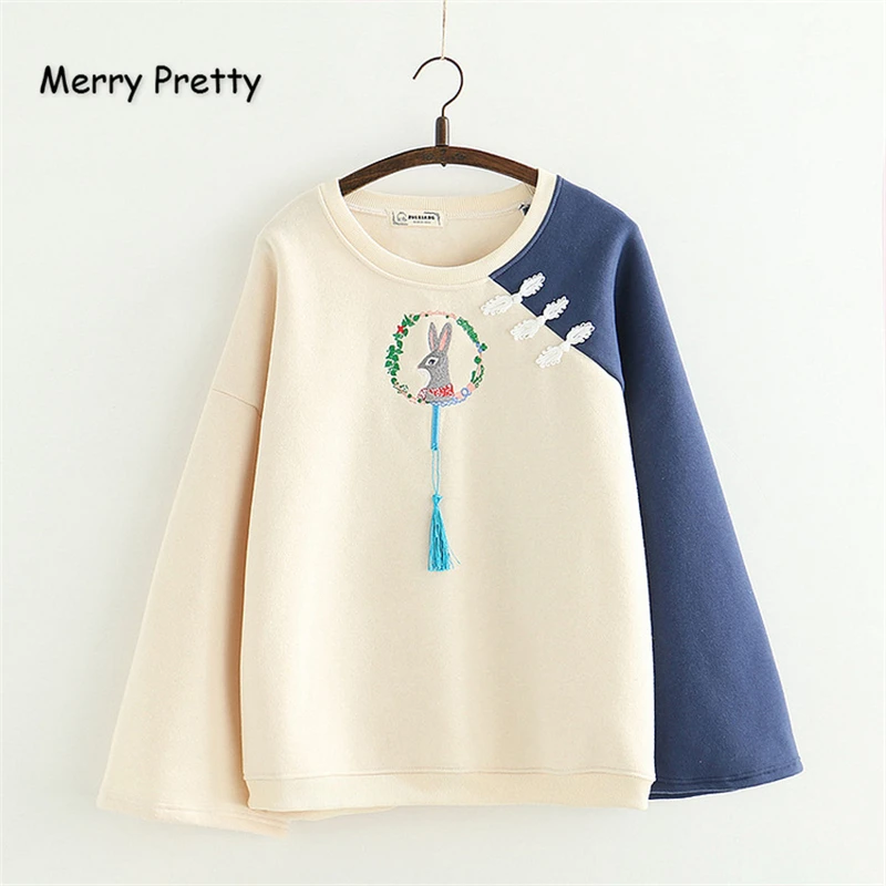 Merry Pretty Women's Cartoon Embroidery Patchwork Hoodies Sweatshirts 2020 Winter Long Sleeve O-Neck Plus Velvet Cute Pullovers | Женская