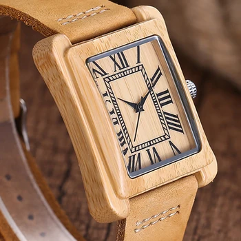 

Creative Rectangle Wooden Watch Mens Roman Numerals Dial Leather Band Natural Bamboo Wood Wrist Watch Quartz Clock Relogio reloj