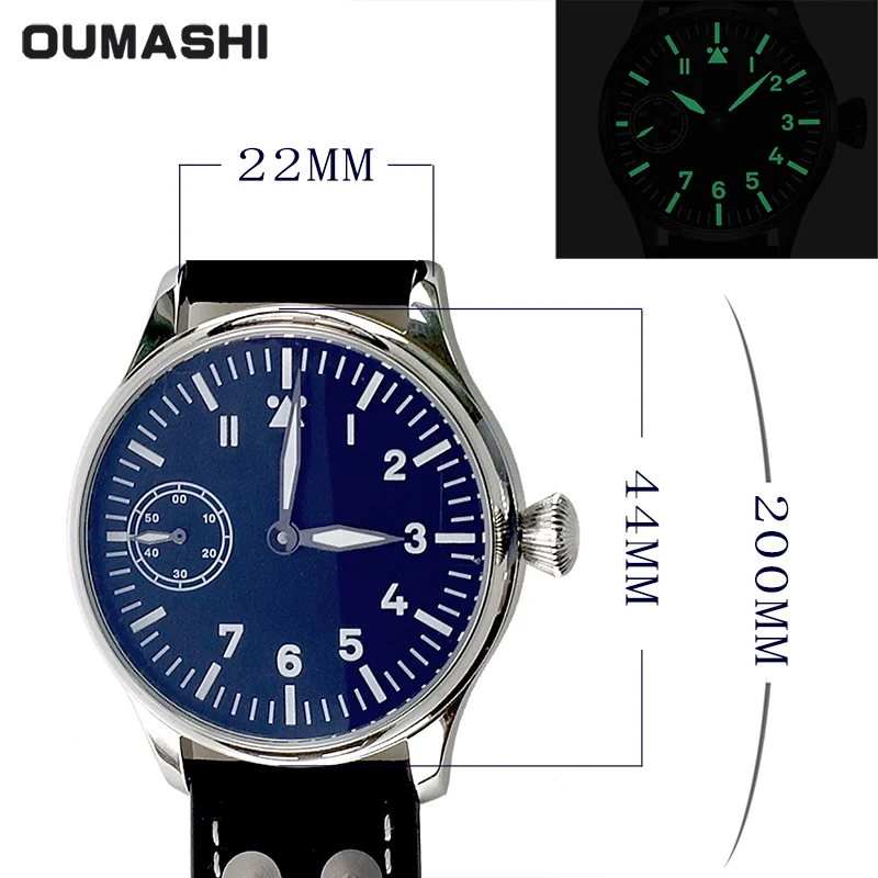 Oumashi 44 мм винтажные часы пилот с ручным заводом Чайка ST3600 движение 6497 модные кожаные светящиеся Мужские механические наручные часы
