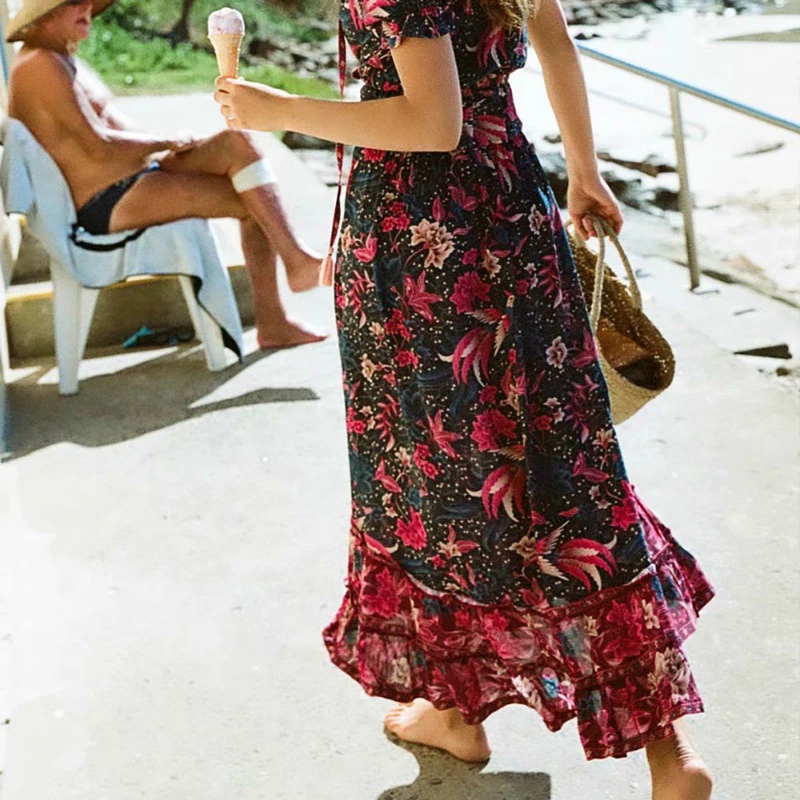 Женская плиссированная юбка винтажная пляжная с цветочным принтом в стиле хиппи