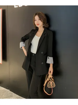 

2020 Spring Autumn Ladies Pants suits Black Fashion Trousers For Business Women Notched lapel 2 Pieces Jacket+Pants Formal Suits