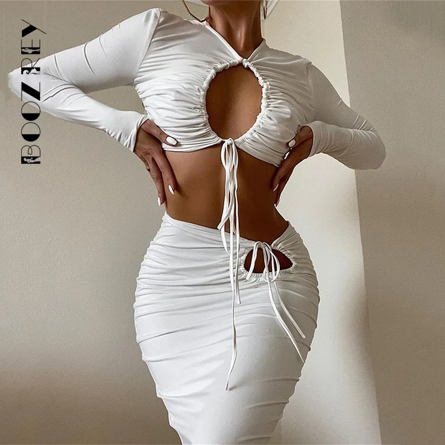 BoozRey Two Piece Set Women Skirt Sexy Black Hedging Hollow Long-sleeved Blouse Strappy Hip Skirt Two-piece Suit Women Clothing