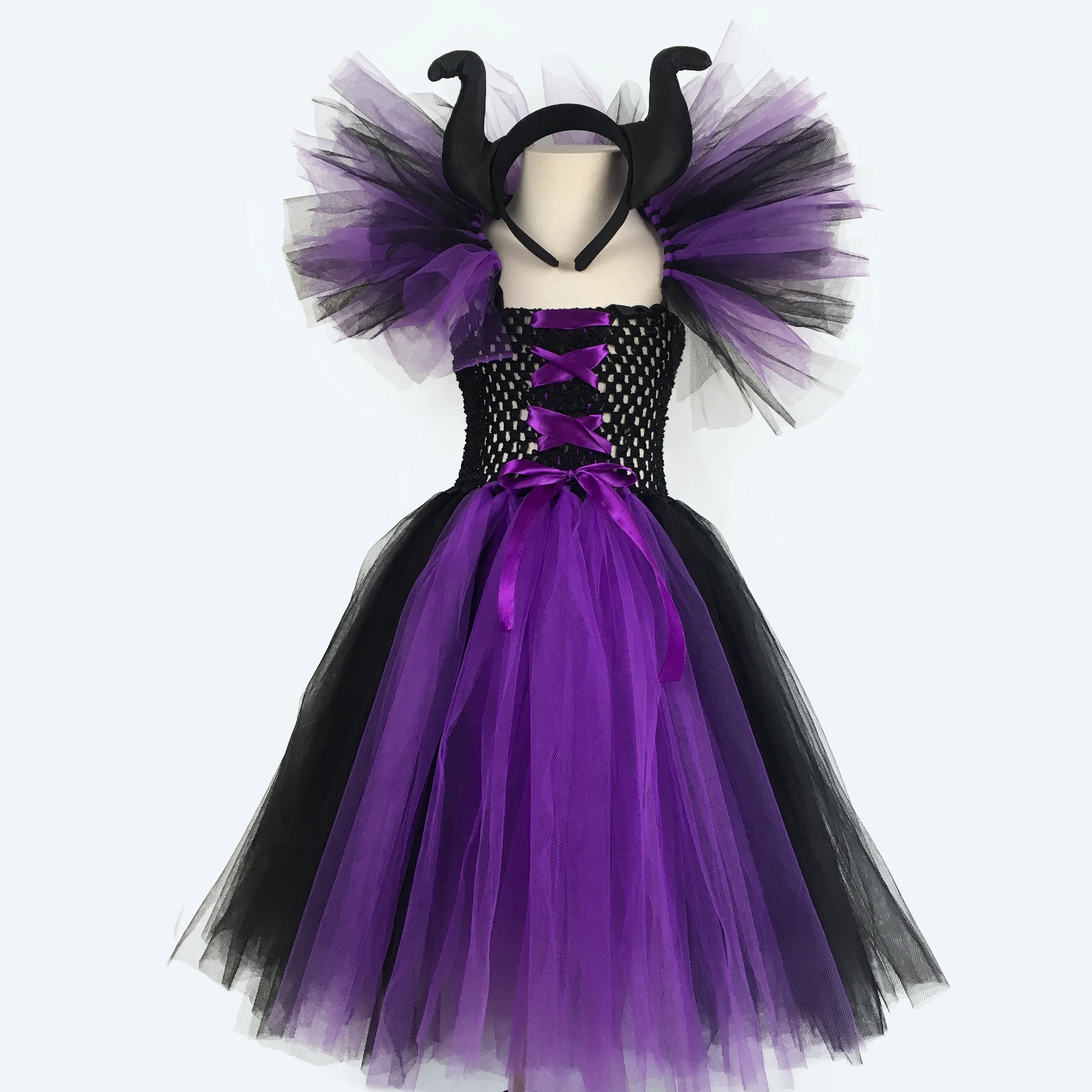 

Hot Girls Maleficent Witch Tutu Dress Kids Black Crochet Dress Ball Gown with Hairbow Children Halloween Cosplay Costume Dresses