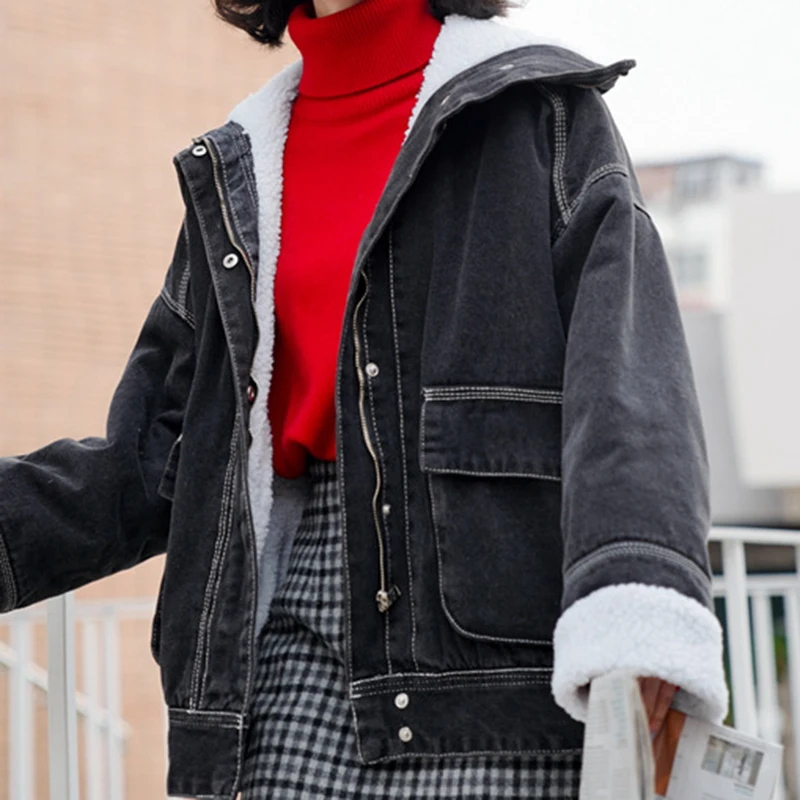 Winter Denim Jacket Coat Women New Korean Trendy Coat Wild Loose Casual Elegant Warm Lamb Wool Coat Party Gift High Quality