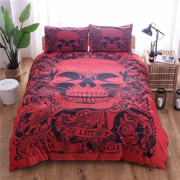 

3pcs Bedding set Quilt Cover Pillowcase Personalized Style Breathable Red Hip Hop Skull Printed Home Textile Bed Sets