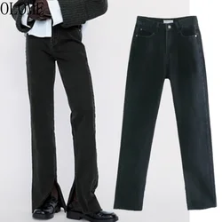 Mulher de cintura alta calças jeans bifurcação flare jeans para mulheres olomé jeans estilo inglaterra high street lavados