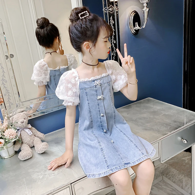 

Новое детское платье для девочек джинсовое платье «Корейская принцесса» кружевное платье с рукавами-фонариками детские джинсовые брюки, платье летнее, элегантное, Весенняя Детская одежда Детские платья От 4 до 14 лет