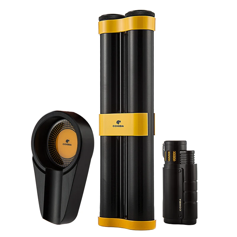 COHIBA металлический черный сигары костюм 2 трубки Humidor Пепельница зажигалка