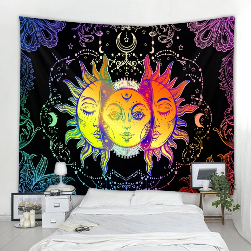 Mandala Tapestry White Black Sun Moon Tapestry Hippie Zhanpu Witchcraft Decorative Blanket