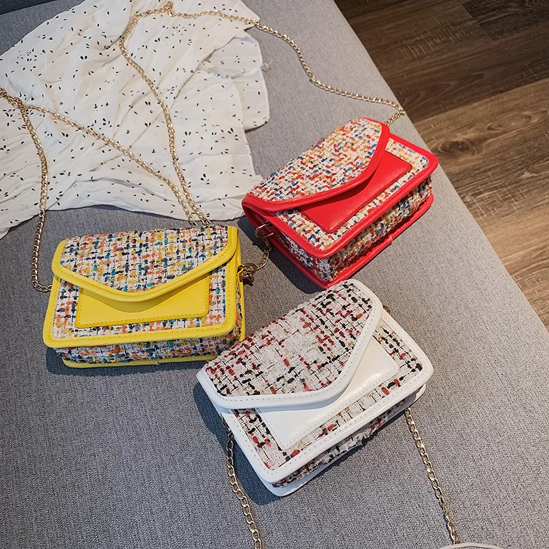 

Bag Women's 2019 Autumn New Style Woolen Contrast Color WOMEN'S Shoulder Bag Versatile Shoulder Chain Square Sling Bag