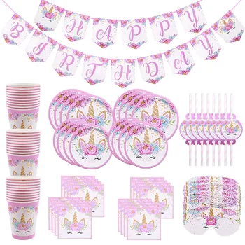 

Unicorn Party Supplies Disposable Tableware Set Kids Birthday Decoration Paper Plates Cups Bunting Banner Baby Shower Girl Decor
