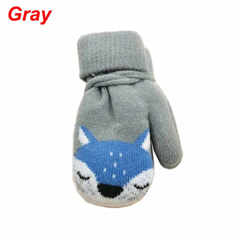 New Cute Cartoon Fox Baby Gloves Baby Winter Wool Plus Thick Full Rope Finger Mittens Boy Girl Warm Knitted Glove for Kids Boys - Цвет: Gray