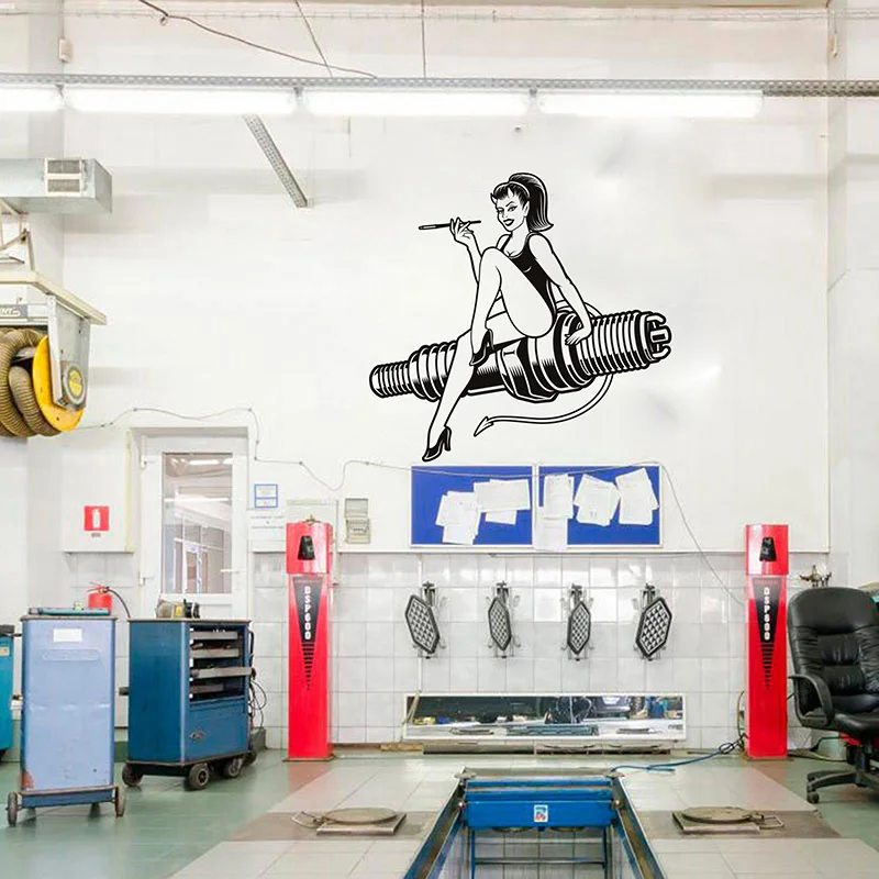 Large Sex Devil girl Car Repair Servic  Piston Wrench Wall Sticker Aute Car Repair Servic Garage Wall Decal Vinyl Decor (2)