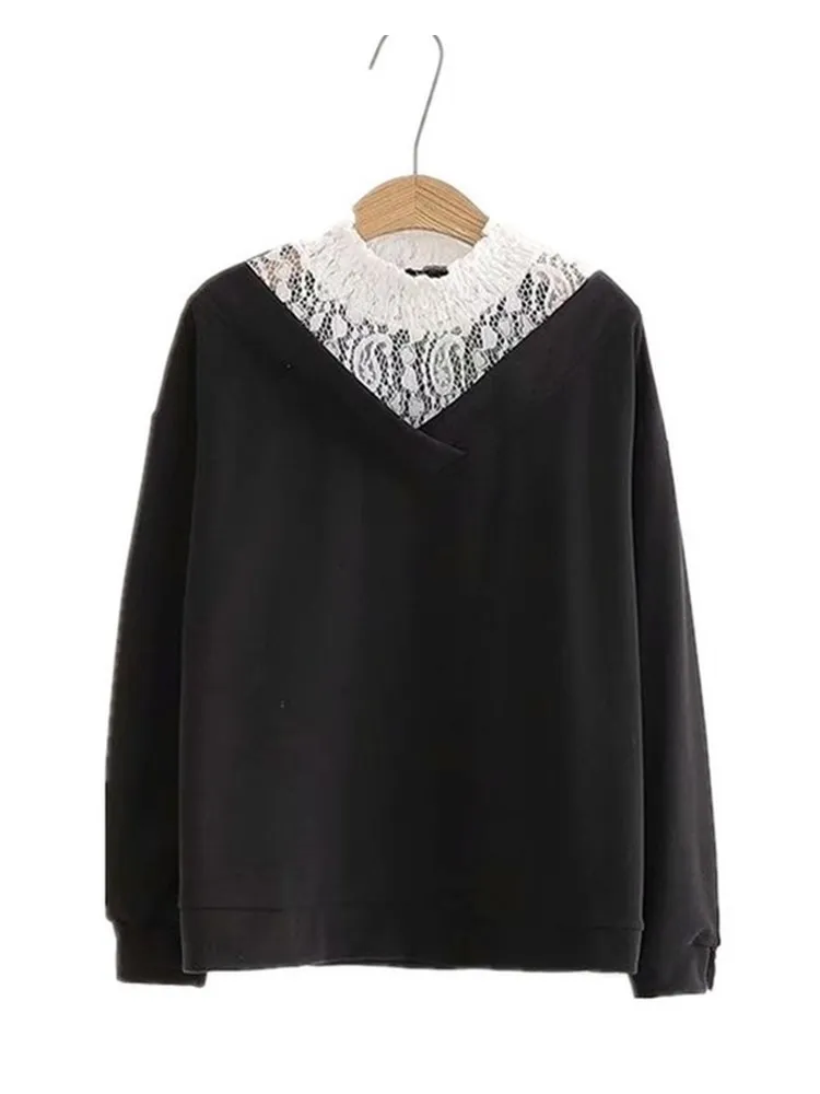 Black hoodie Корейская мода кружевной воротник желтый худи для женщин Mori Girl элегантная японская Милая одежда с длинным рукавом Женский свитшот черный розовый - Цвет: Black hoodie