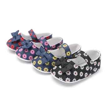 

New Princess Floral Party Bow First Walkers Baby Toddler Cotton Fabric Baby Moccasins Baby Girls Mary Jane Hard Sole Baby Shoes