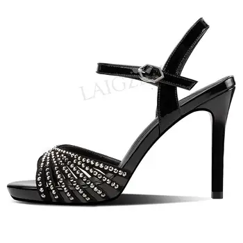 

LAIGZEM Studded Women Sandals Wedding 10CM Heels Open Toe Handmade Ankle Strap Sandals Ladies 2020 Shoes Woman Size 38 39