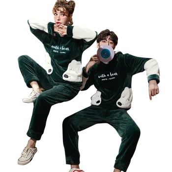 

Flannel Pajamas Couple Hooded Pajamas Suit Men And Women Long-sleeved Pyjamas Sets Lovely Couple Sleepwear