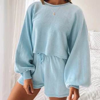 

Fashion Women Set O Neck Long Sleeve Loose Shirt Top And Shorts Knit Casual Autumn Loose Two Piece Sets Outfits 2020