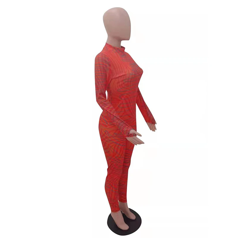 Сексуальный комбинезон в полоску с принтом, женский комбинезон с высоким воротником и длинным рукавом, Клубные вечерние комбинезоны, уличная одежда, Облегающий комбинезон с высокой талией