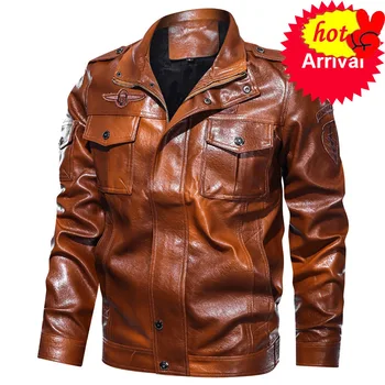 

New Fashion 2020 Mens Leather Jacket Military Chest Big Pockets Brown Leather Jacket Men Zipper Motocycle Jacket Plus Size Coats