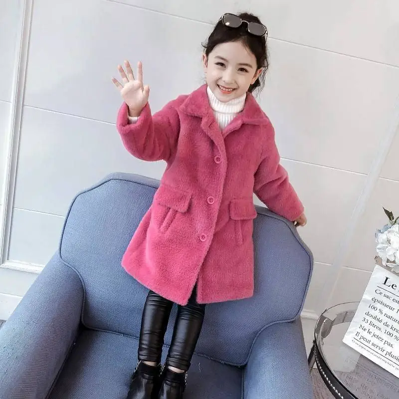 Коллекция года, новые модные зимние шерстяные пальто для девочек детская теплая куртка из меха норки в Корейском стиле верхняя одежда, NO35