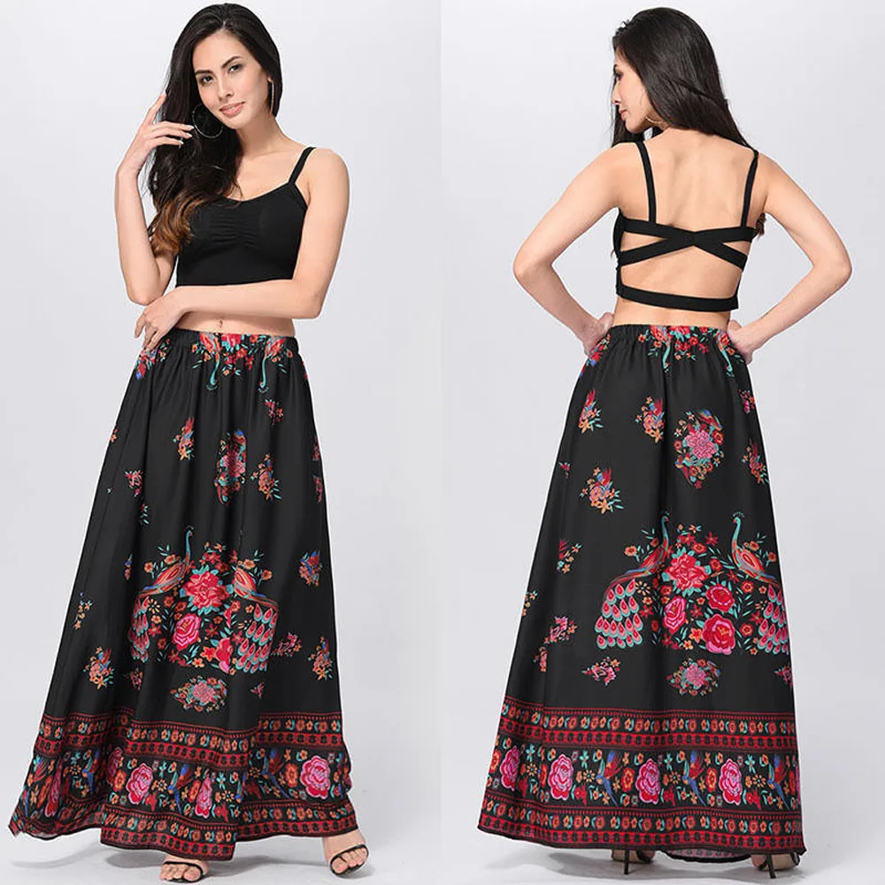 

2019 Women's Boho Loose Casual Maxi Skirts Female Ladies Beach Floral Printing Holiday Summer High Waist Fashion Long Skirts
