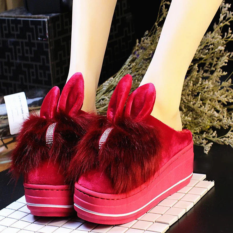 Домашние женские тапочки с заячьими ушками; zapatillas mujer; новые зимние теплые тапочки на Высоком толстом каблуке из хлопка с милым рисунком - Цвет: red