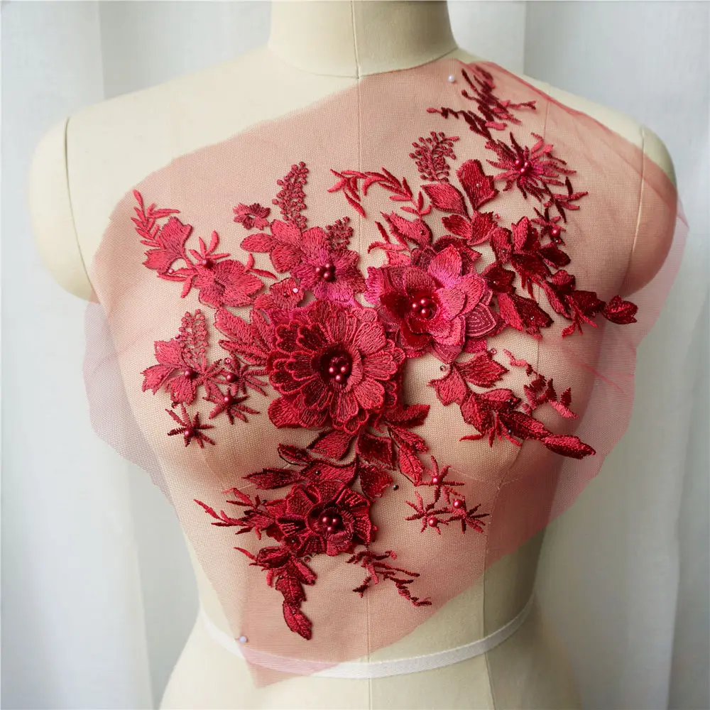 

Wine Red Lace Fabric 3D Flower Beads Rhinestone Embroidered Wedding Gown Appliques Collar Mesh Sew Patch For Dress DIY Decor