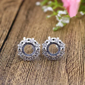 

925 Sterling Silver Stud Earrings 8x8mm Round Cabochon Semi Mount Earrings Flower Art Nouveau Trendy Women Fine Jewelry
