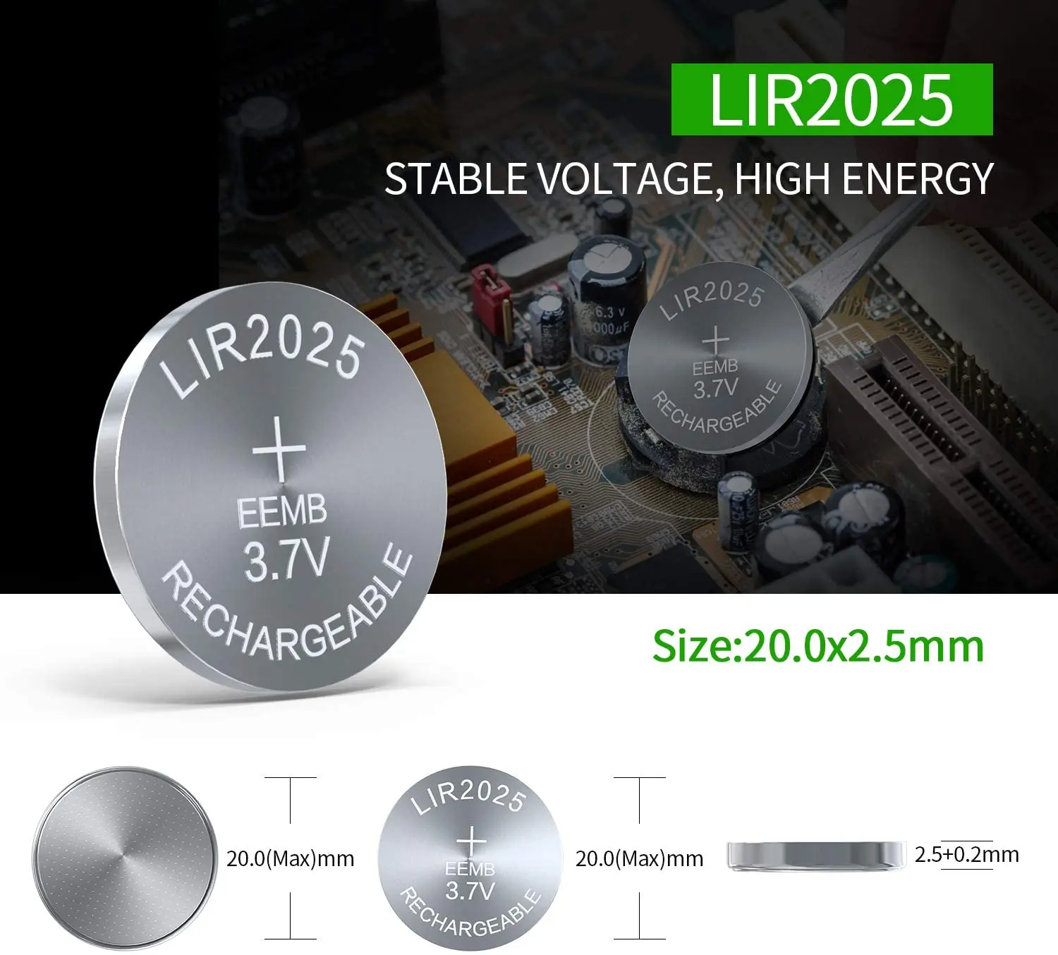 Eemb-bateria Recarregável com Carregador Baterias de Botão de Íon de Lítio Célula Moeda para Teclado Solar 2025 3.7v 40mah - Image 3