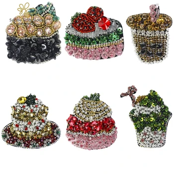 

Rhinestone Cake Fruit Badges Handmade Patches Bead Sequin Craft for Clothing Sew on Appliques 5 pieces