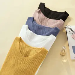 2019 осень зима базовый свитер рубашка сплошной цвет v-образным вырезом с длинным рукавом трикотажные пуловеры и свитера мягкий стрейч pull femme
